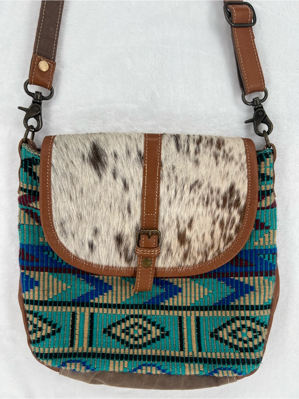 Myra Persona Crossbody Bag Rug On Canvas Hair Leather Rustic Boho Chic Western